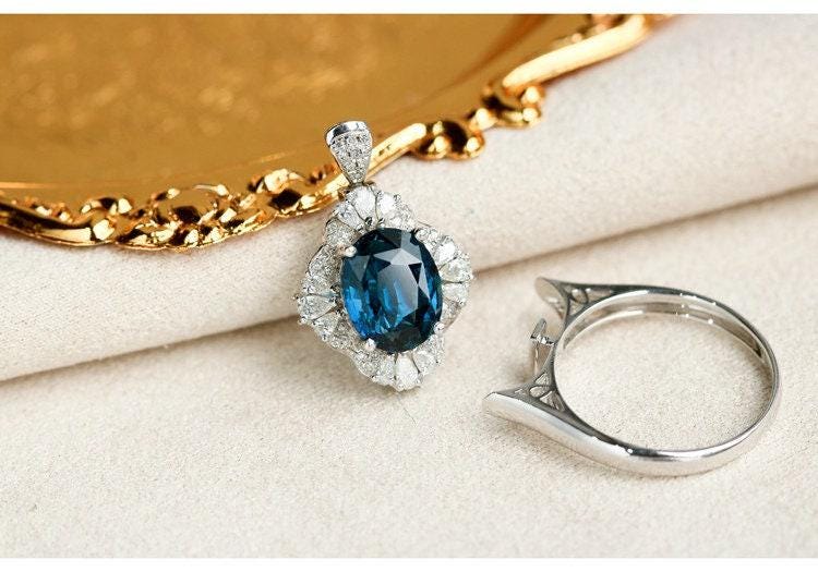 2ct Sapphire Halo Diamond 18K White Gold Ring - Two in One Jewelry