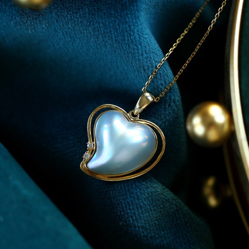 Heart Shape Japan Mabe Pearls & Diamond Pendant - 18K Yellow Gold