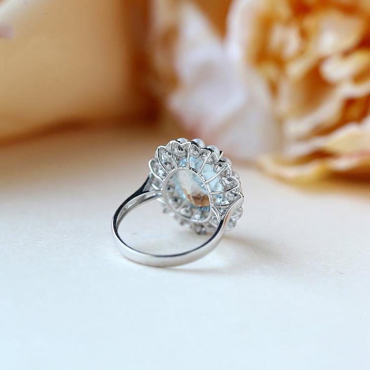 5.7ct Santa Maria Aquamarine & Akoya Pearl Halo Ring in 18K Gold