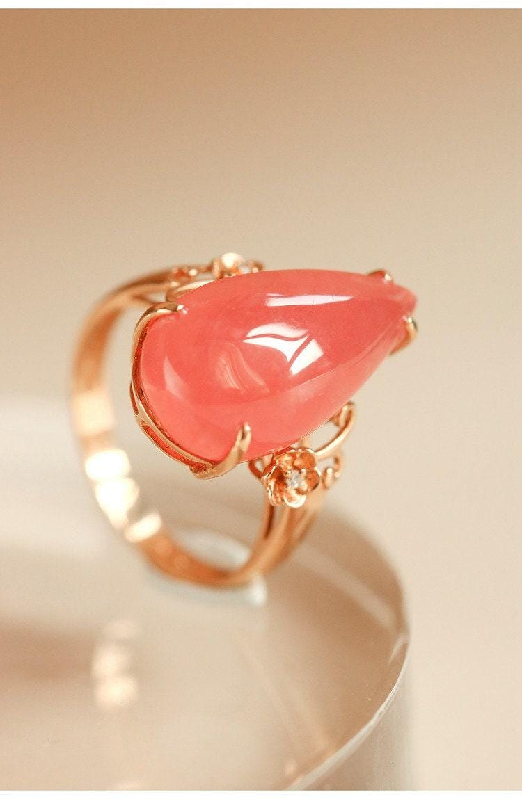 11ct Rhodochrosite Teardrop Cut & Diamond Ring in 18K Gold