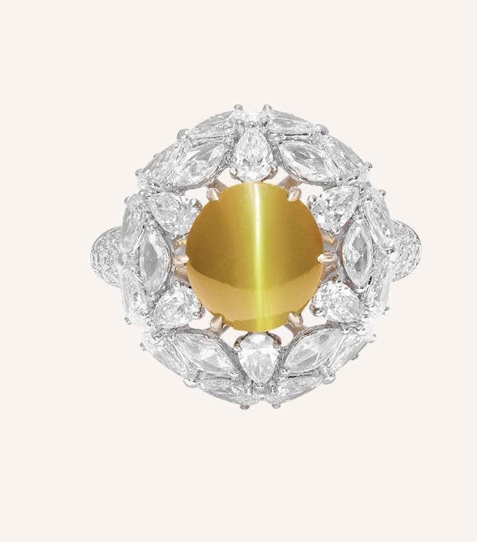 2 Style + Chrysoberyl Cat's Eye Gemstone & Cluster Diamond Ring in Platinum 950