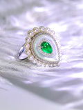Emerald Teardrop-Shaped Ring with Baby Pearl in 18K White Gold