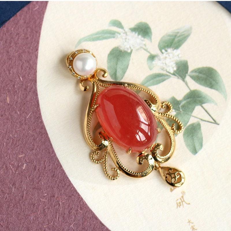 Rhodochrosite & Pearl Necklace in 18K Yellow Gold