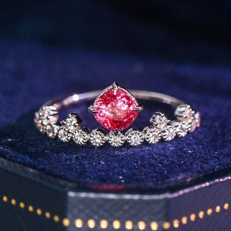 Pink Red Spinel Cushion Cut Diamond Ring - 18K White Gold