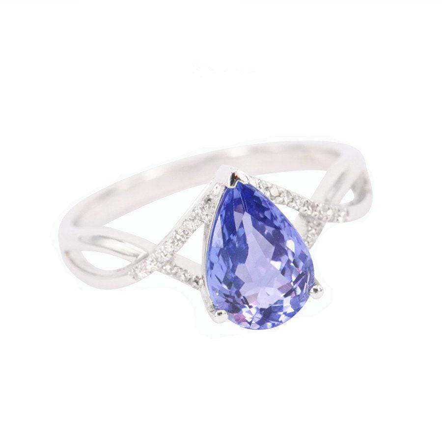 Pear Cut Blue Tanzanite Diamond Engagement Ring - 18K White Gold