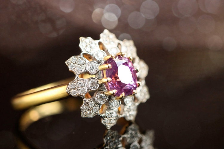 Flower Design Purple Spinel & Diamond Ring - 18K Yellow Gold