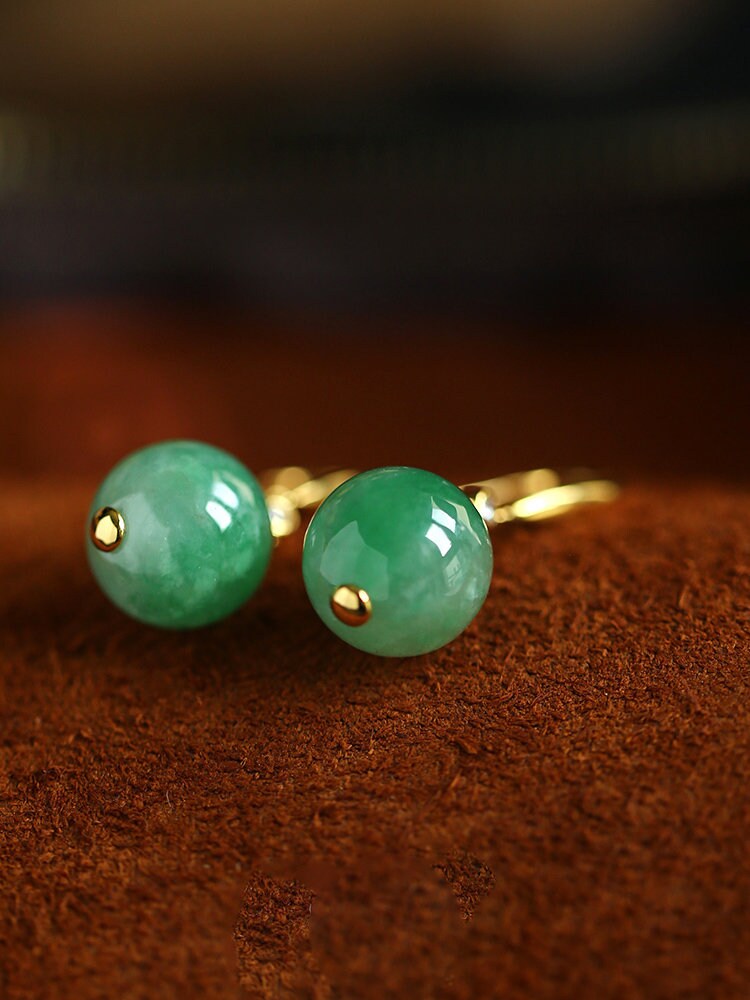 5A+ Jade Sphere Cut & Diamond Franch Wire Earrings in 18K Yellow Gold