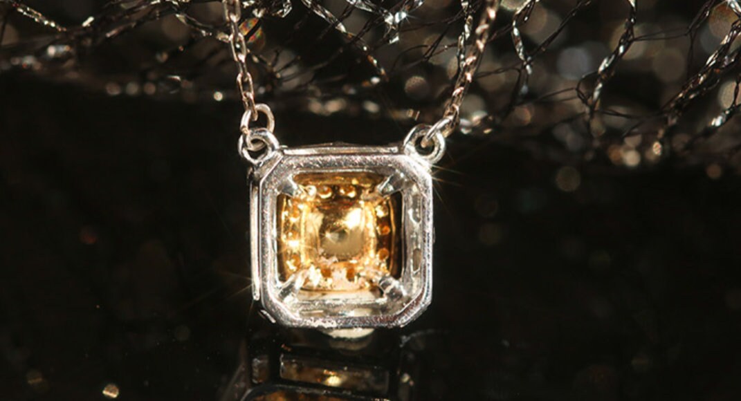 Fancy Yellow Diamonds Square Cut Necklace in 18K White Gold