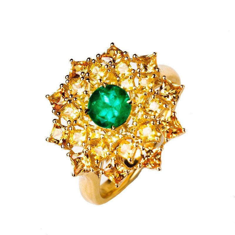 Emerald & Yellow Sapphire Cluster Ring - 18K Yellow Gold