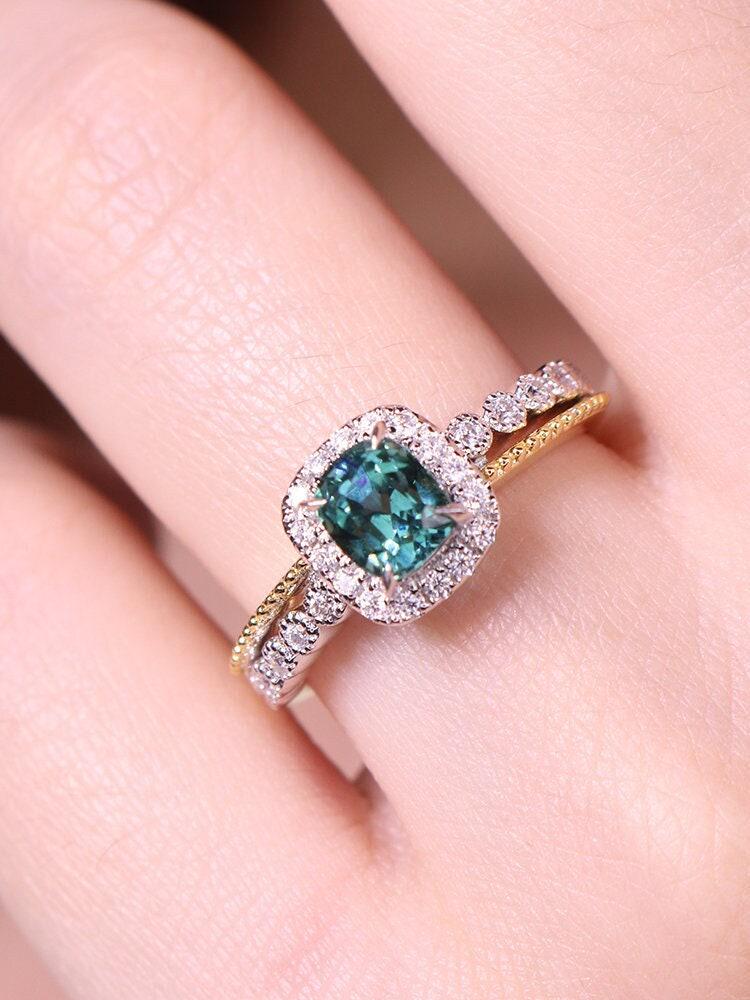 Teal Tourmaline Stackable Ring - 18K Two Tone Gold