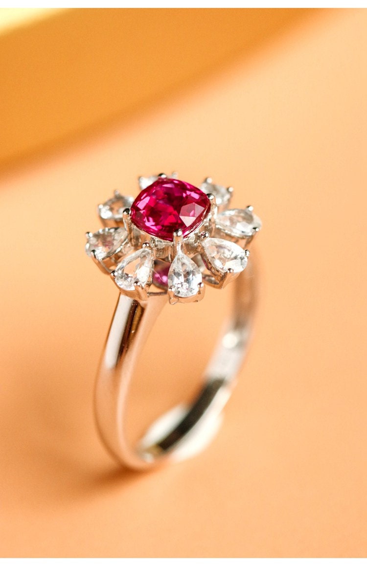 Flower Pink Spinel & White Sapphire Ring - 18K White Gold