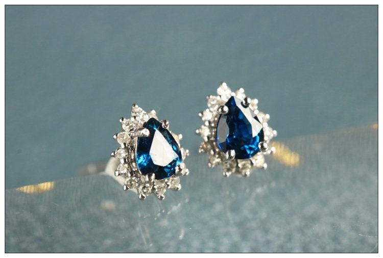 Blue Sapphire & Halo Diamond Studs in 18K White Gold