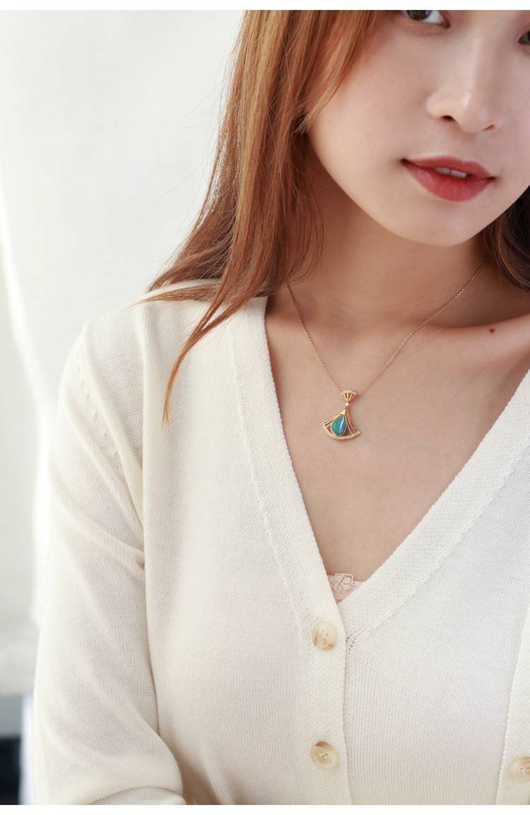 Blue Opal Diamond Fan Shape Pendant - 18K Yellow Gold