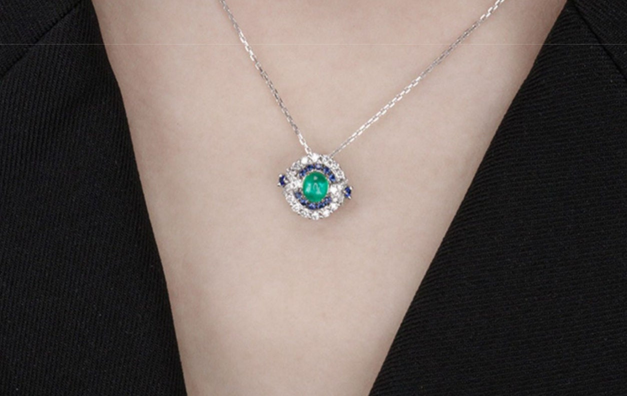 Art Deco Emerald & Sapphire Diamond Studs Earrings - 18K White Gold