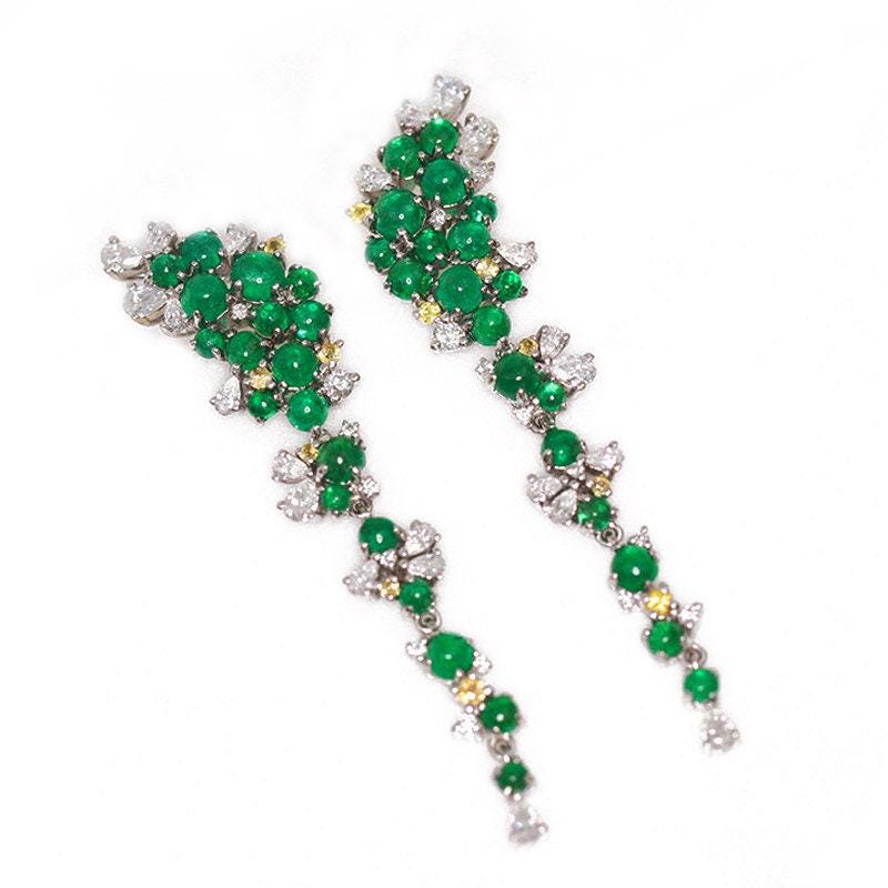 Full Emerald Cabochon & Diamond 18K White Gold Earrings