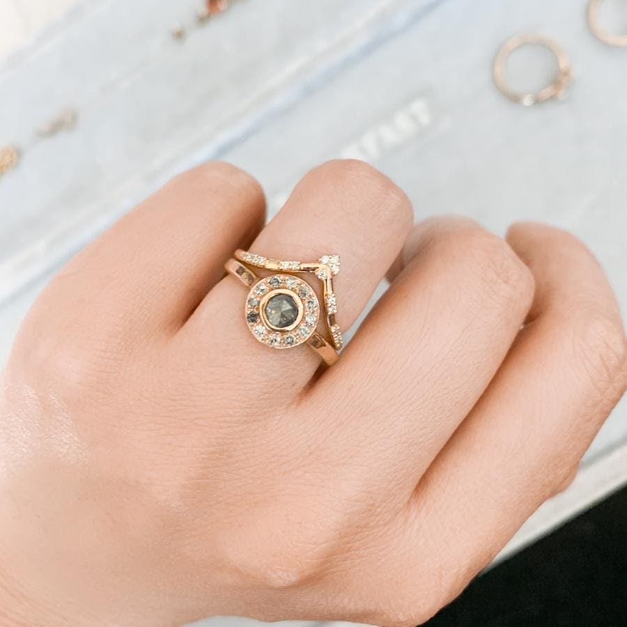Round Diamond Tiara Ring - 14K Rose Gold Chevron Midi Band