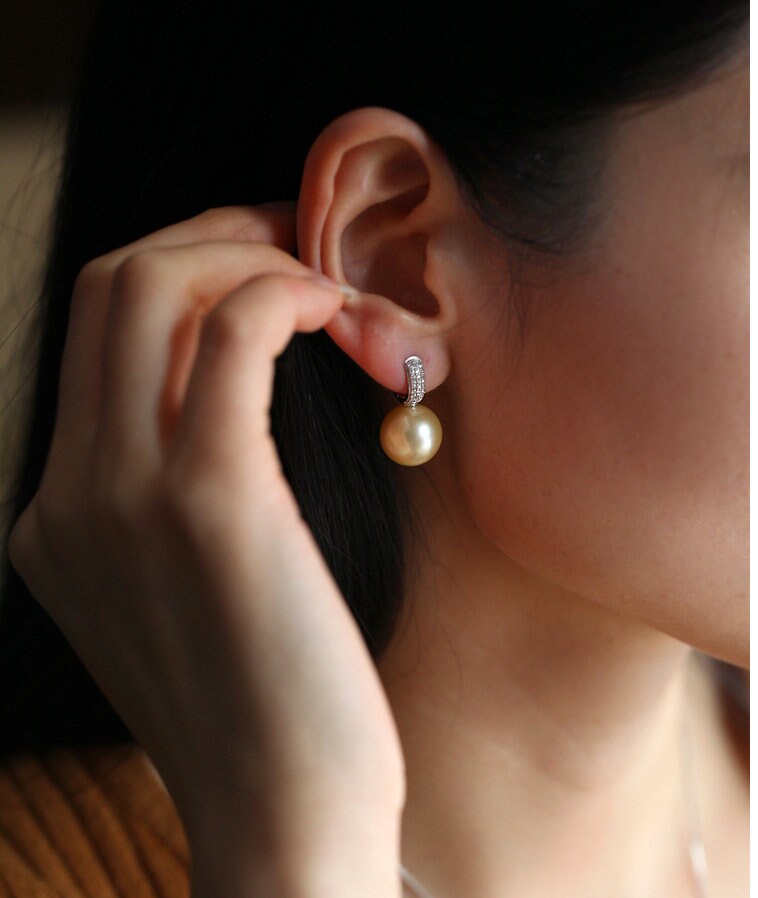 12mm Golden South Sea Pearl & Diamond Earrings - 18K Yellow Gold