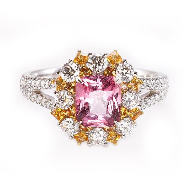 1.25ct Pink Sapphire Cushion Cut & Diamond Ring - 18K White Gold