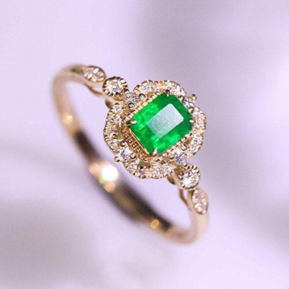 Emerald with White Diamond 18K Yellow Gold Ring