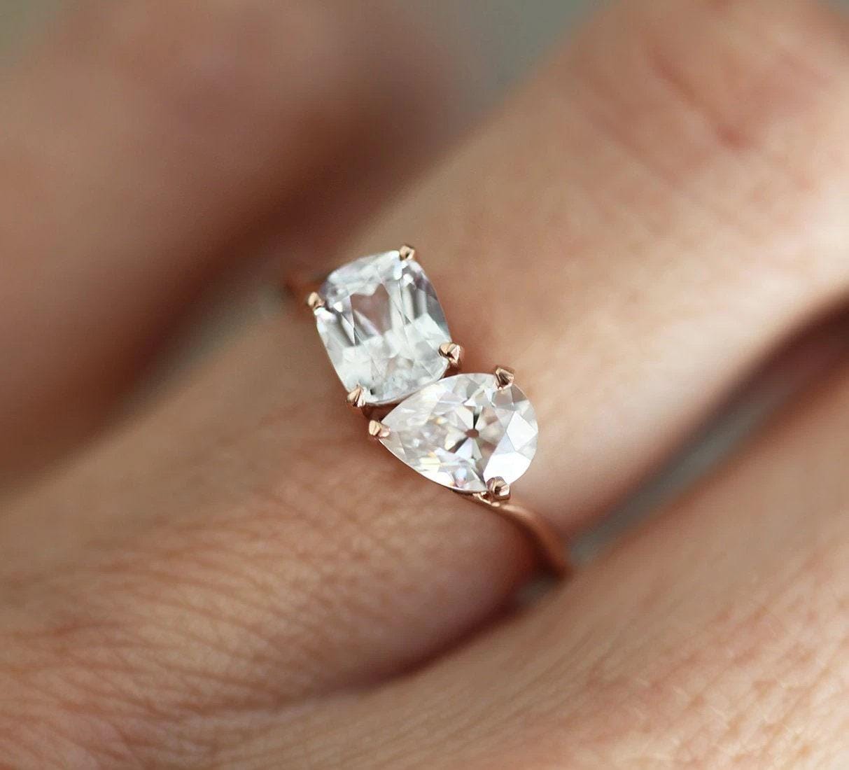 White Sapphire Two Stone Engagement Ring - 18K Rose Gold