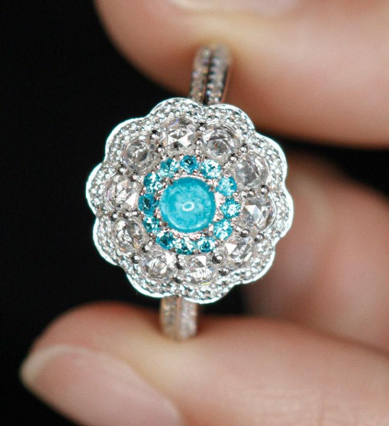 Cluster Desgin Paraiba Tourmaline Double Halo Platinum 950 Ring