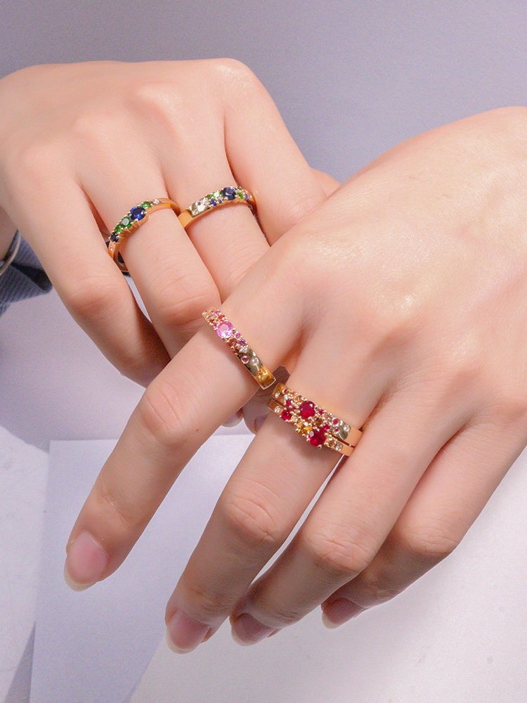 Blue Sapphire Tsavorite Cluster Band Ring in 18K Yellow Gold
