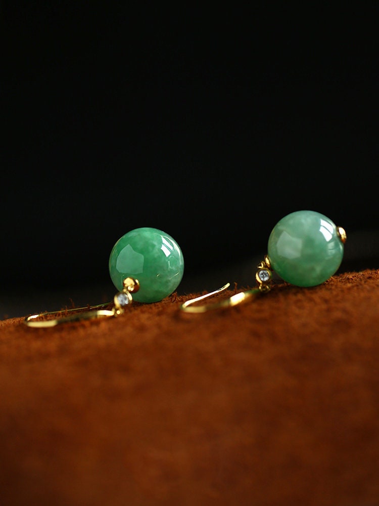 5A+ Jade Sphere Cut & Diamond Franch Wire Earrings in 18K Yellow Gold