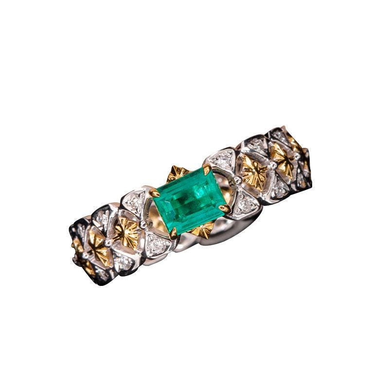 Italy-Crafted Emerald Wedding Diamonds Ring in 18k Two Tone Gold