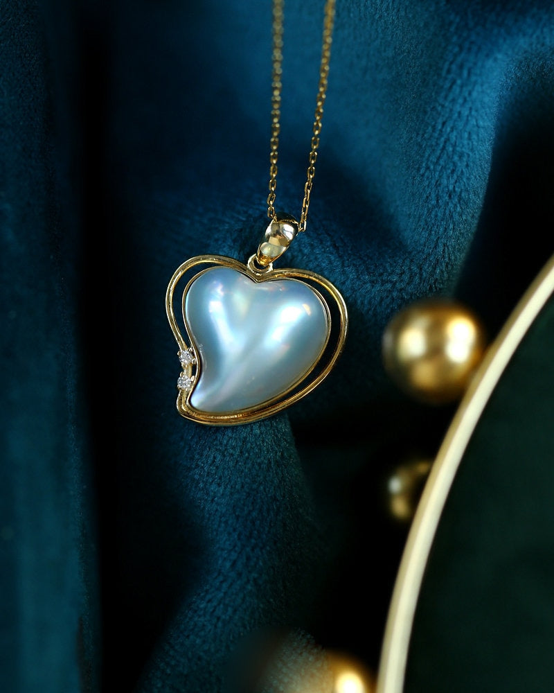 Heart Shape Japan Mabe Pearls & Diamond Pendant - 18K Yellow Gold