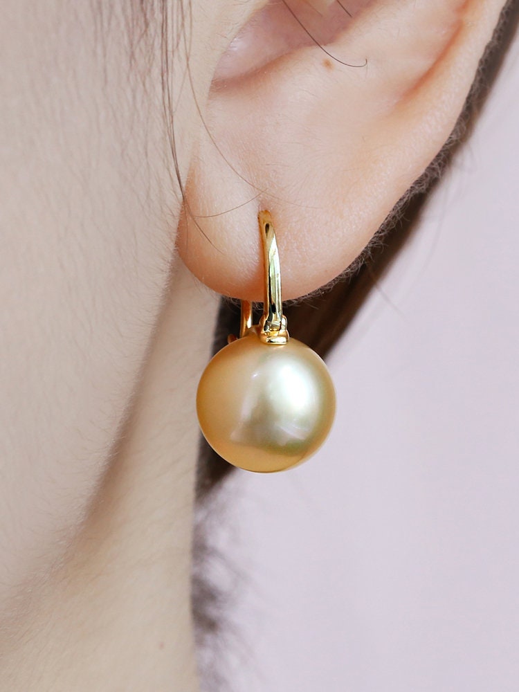 Exquisite 14mm Golden Pearl Hoop Earrings in 18K Yellow Gold