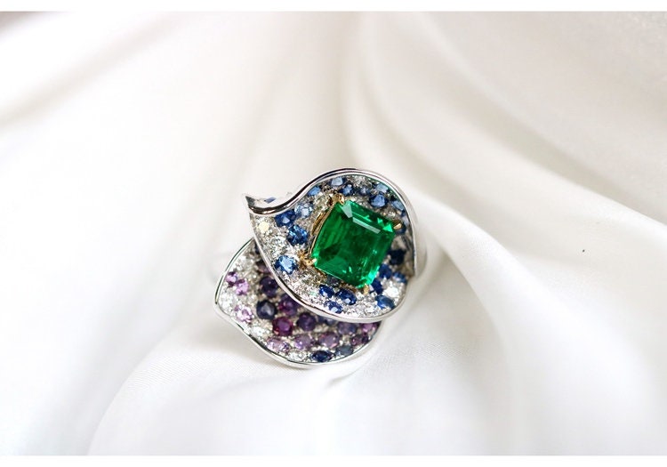 Alocasia Design Emerald & Sapphire Statement Ring in 18K Gold