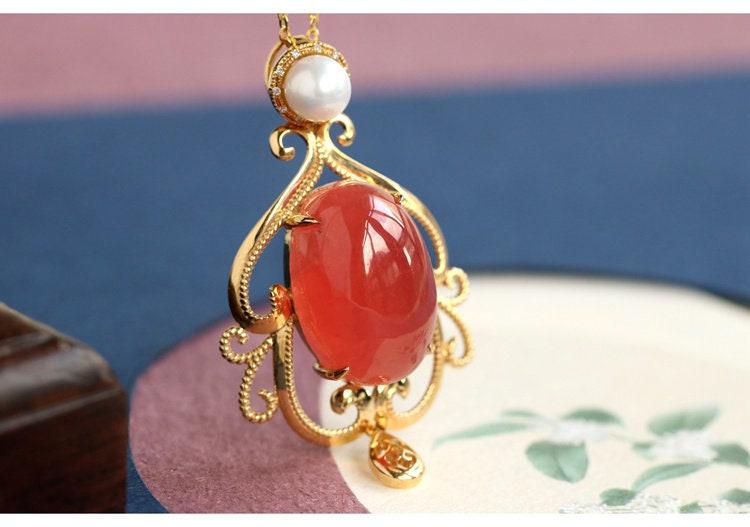 Rhodochrosite & Pearl Necklace in 18K Yellow Gold