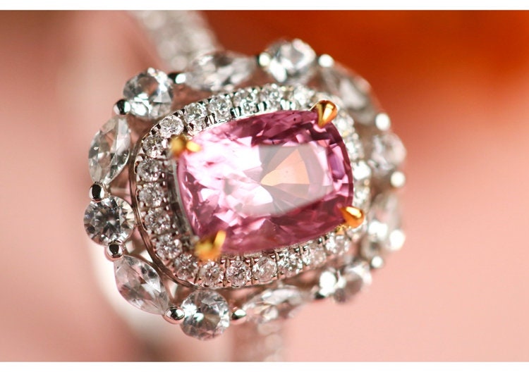 1.15ct Pinkish Spinel Cushion & Diamond Ring - 18K White Gold
