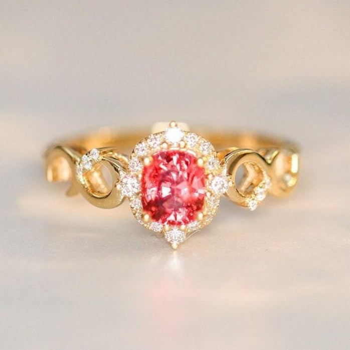 Pinkish Spinel Cushion & Diamond Ring - 18K Yellow Gold