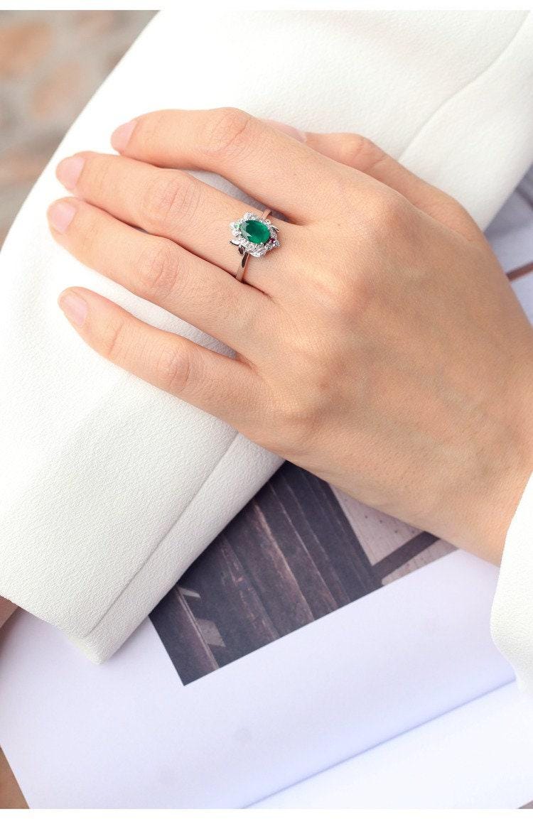 1.2ct Emerald Oval Cut & Diamond Wedding Ring - 18K White Gold