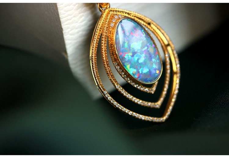 Mermaid Opal Pendant Necklace - 18K Yellow Gold with Diamond