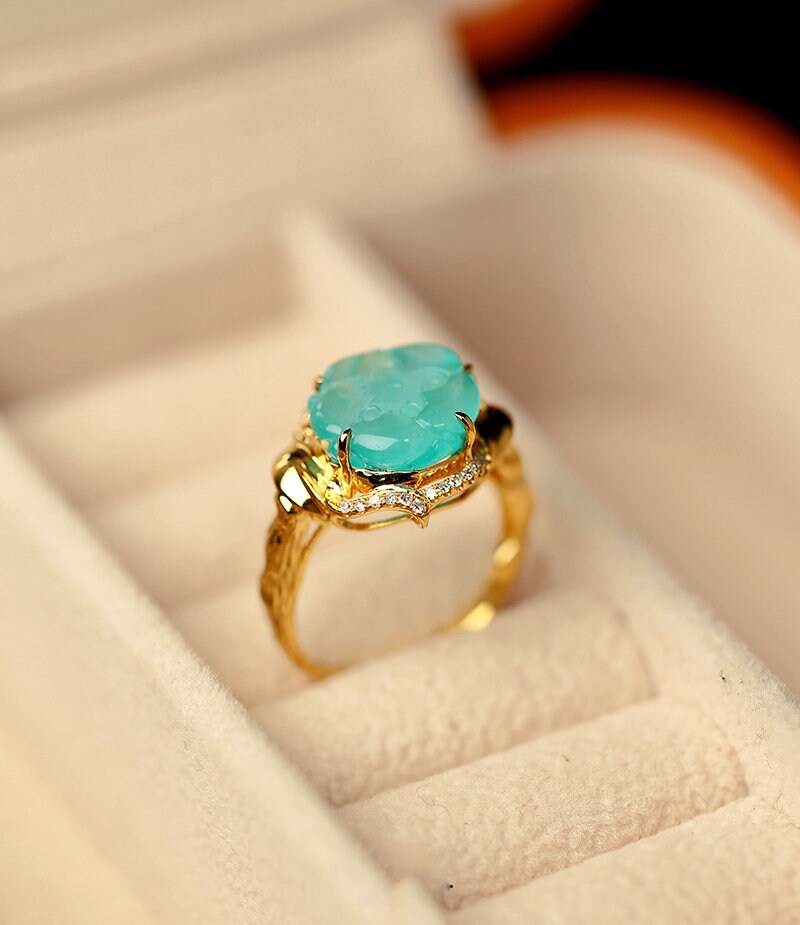 5A Amazonyte Rose Shape 18K Yellow Gold Ring