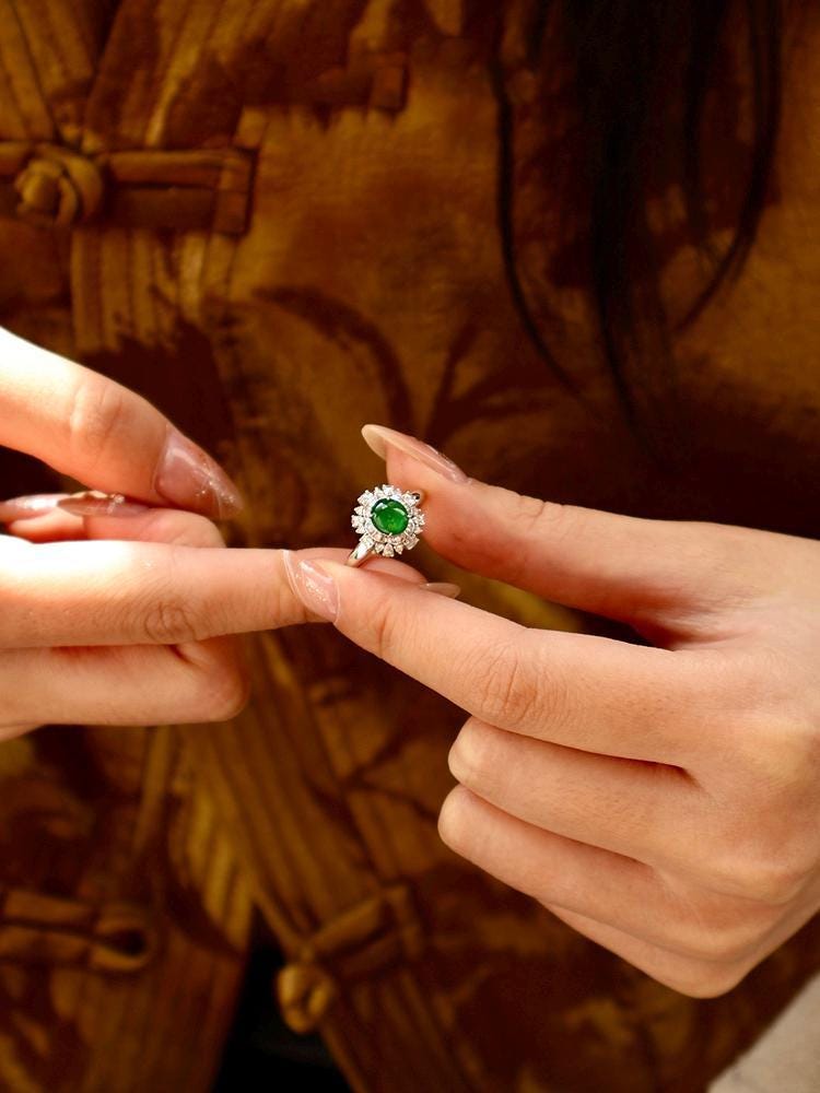 Art Deco Green Jade and Full Diamond Pave Ring in 18K White Gold