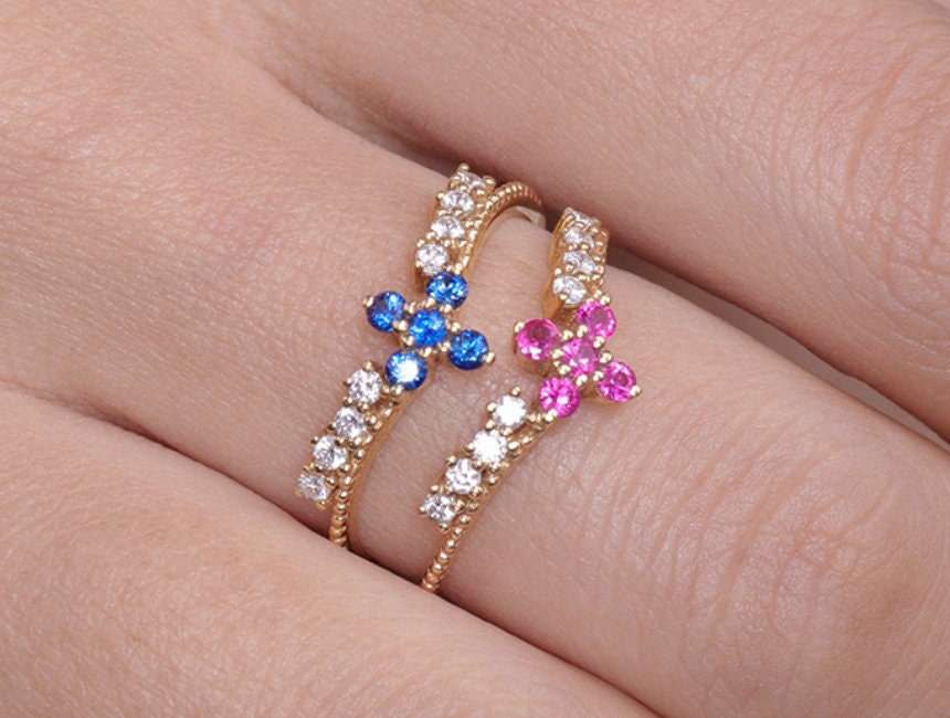 Ruby & Blue Sapphire Band Ring in 18K Yellow Gold