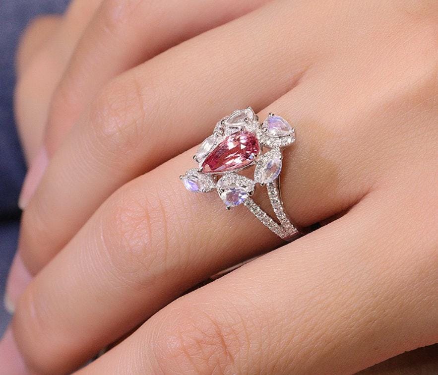 Pink Sapphire Teardrop & Moonstone Cluster Ring - 18K White Gold