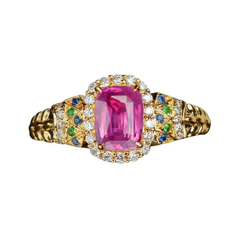 1.18ct Purple Sapphire Halo Diamonds Engraved Ring in 18K Gold