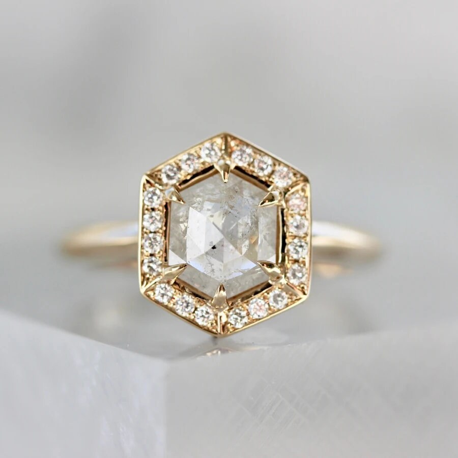 Hexagonal Salt & Pepper Milky Diamond Ring in 18K Yellow Gold