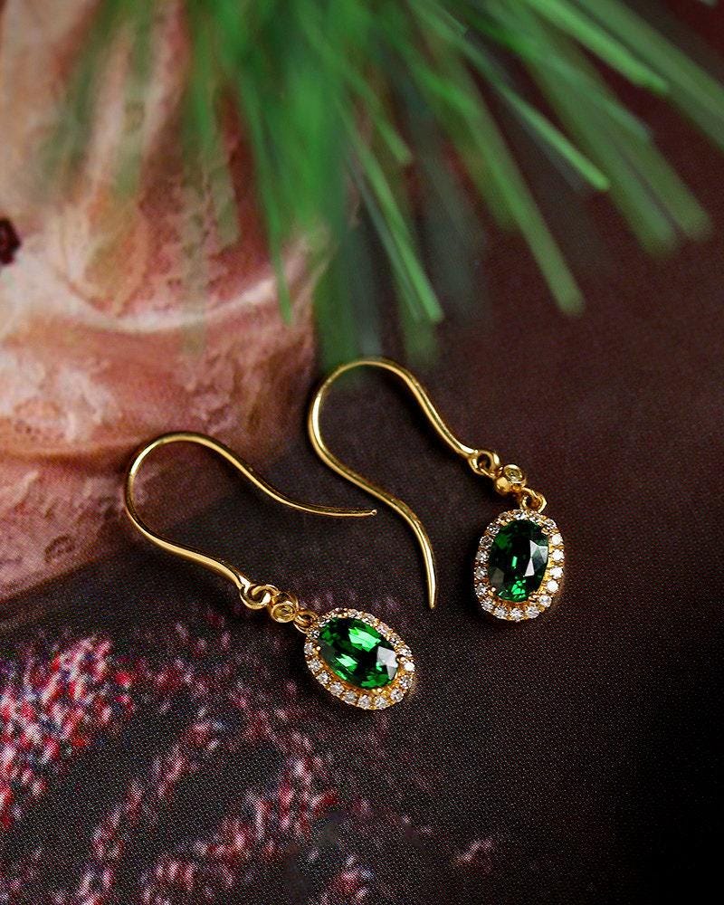 Tsavorite Oval Cut & Diamond Earrings - 18K Yellow Gold