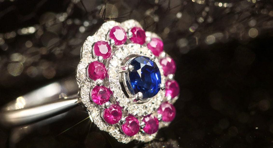 Vintage Sapphire Double Halo 18K Gold Ring with Pink Ruby