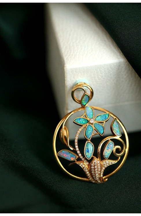 Blue Opal and Diamond Flower Necklace - 18K Yellow Gold