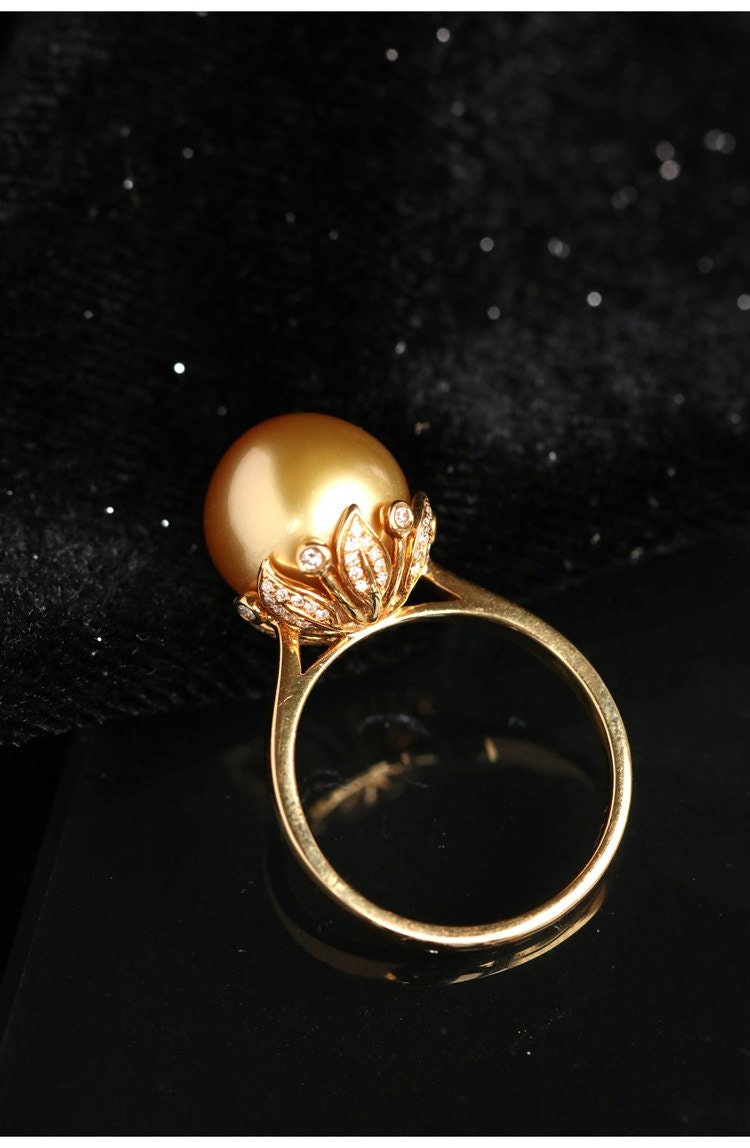 11mm Golden South Sea Pearl & Diamond Hollow-out Ring in 18K Gold