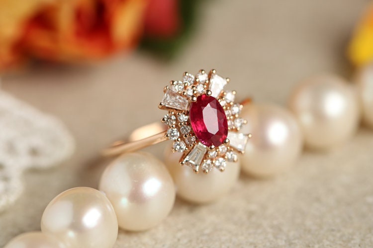 1.2ct Pigeon Blood Ruby & Diamond Ballerina Ring in 18K Rose Gold