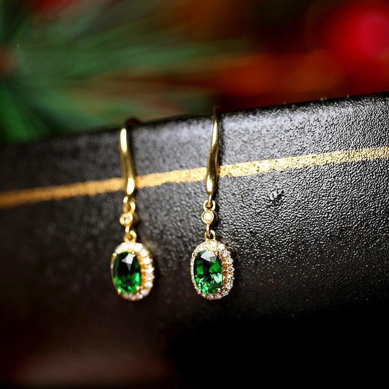 Tsavorite Oval Cut & Diamond Earrings - 18K Yellow Gold