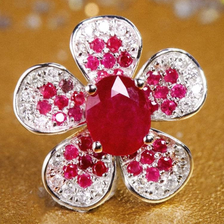 Sakura Ruby Diamonds Flower Design Necklace in 18K Gold