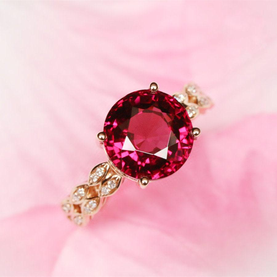 7mm Peach Red Garnet Round & Diamond Ring - 18K  Yellow Gold